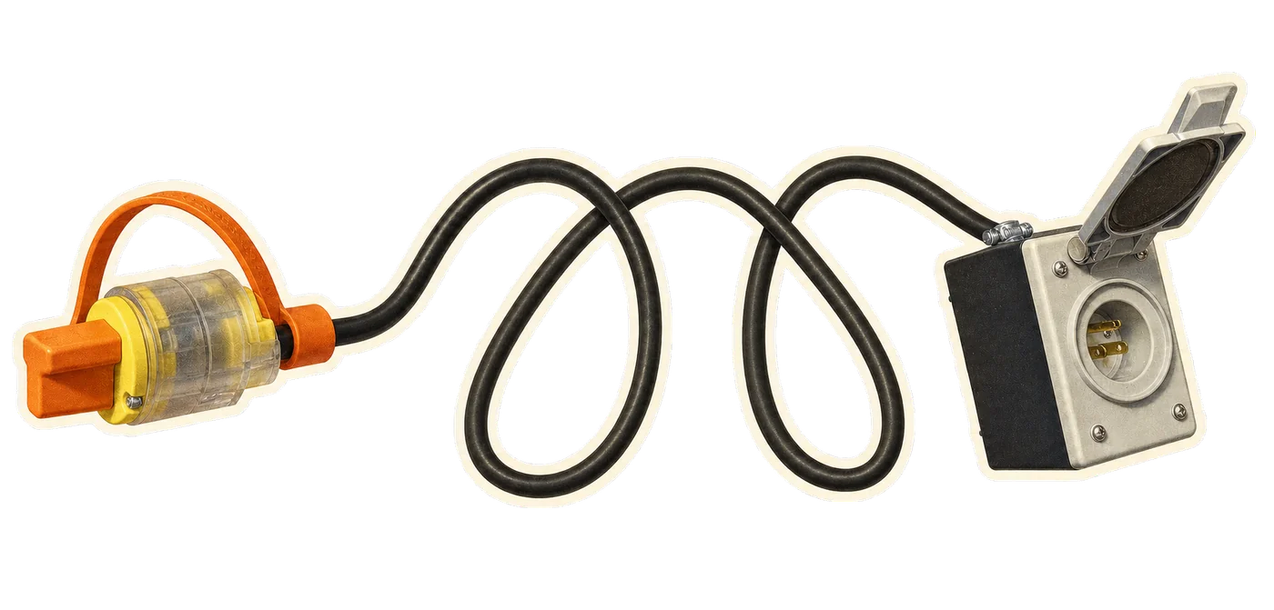 A lighted extension cord connected to a covered inlet box assembly